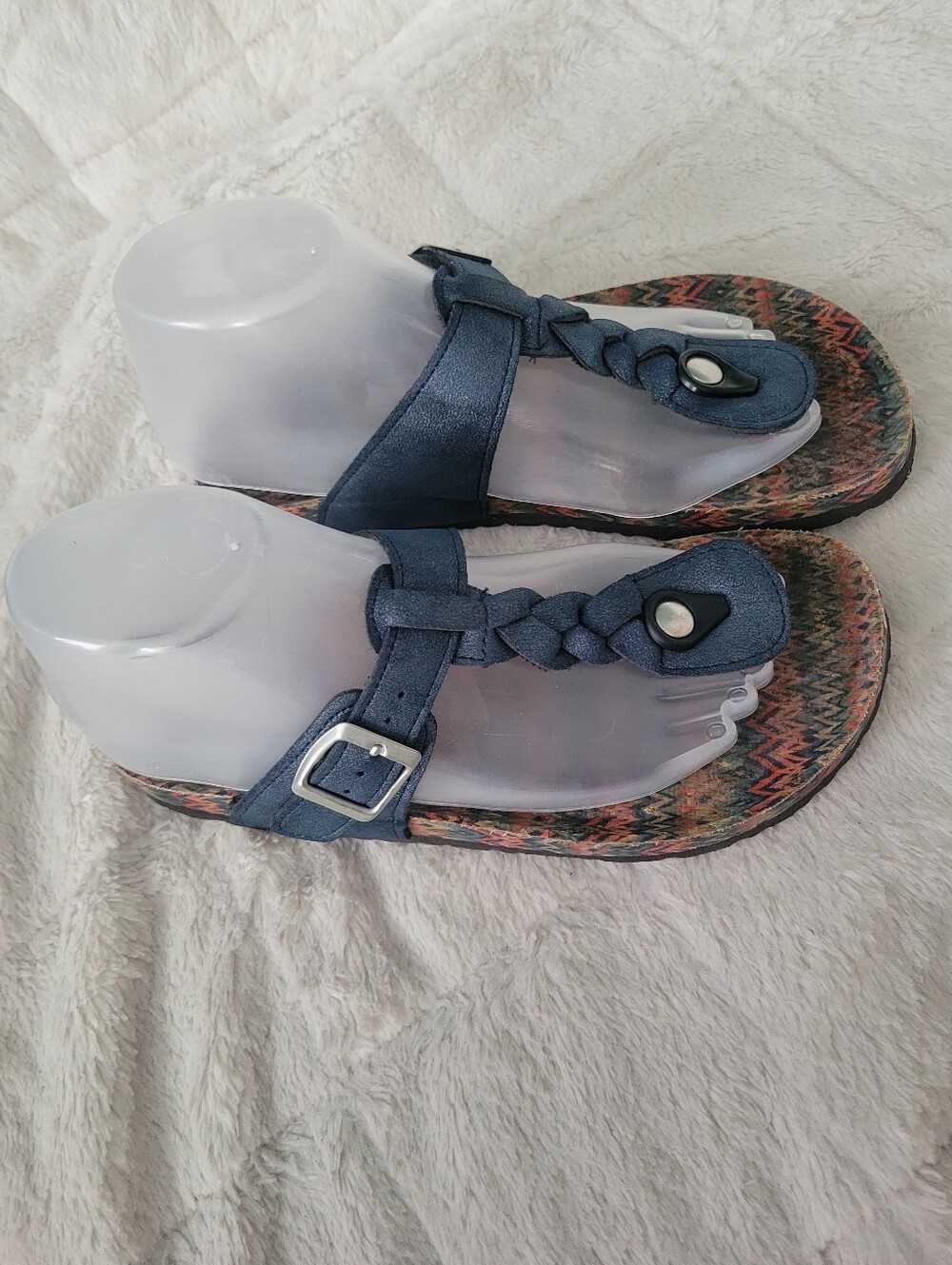 Muk Luks Navy Braided Thong Sandals with Multi-Color Patterned Footbed